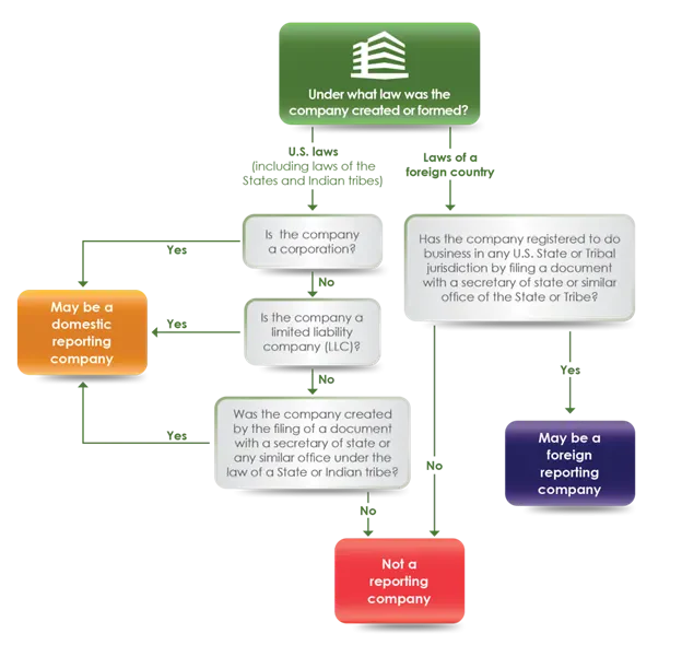 Flowchart determining company type based on formation law, corporation or LLC status, and registration in U.S. State, Tribal, or foreign jurisdiction.